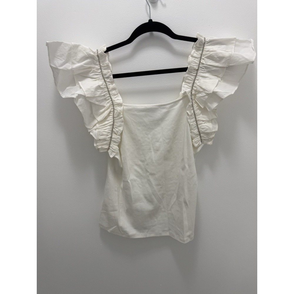 Marc New York Ruffle Sleeve Top White Rhinestone Trim Square Neck Blouse Size M